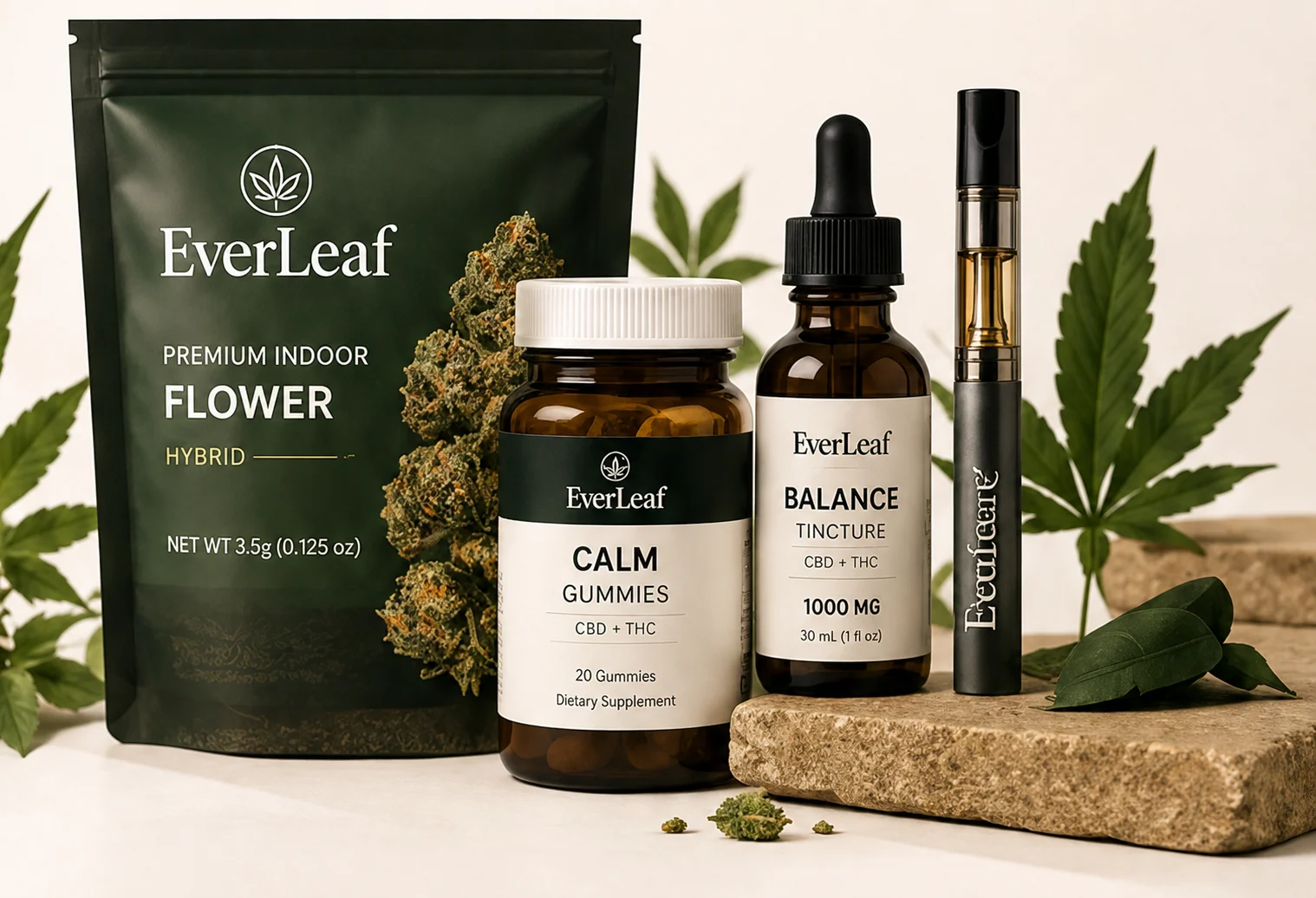 The EverLeaf Edit — flower, gummies, a tincture and a vape staged together